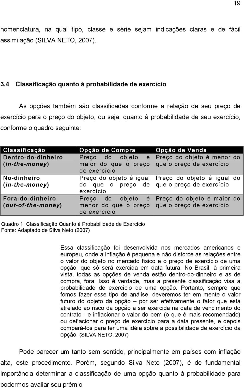 exercício, conforme o quadro seguinte: Classificação Opção de Compra Opção de Venda Dentro-do-dinheiro Preço do objeto é Preço do objeto é menor do (in-the-money) maior do que o preço que o preço de