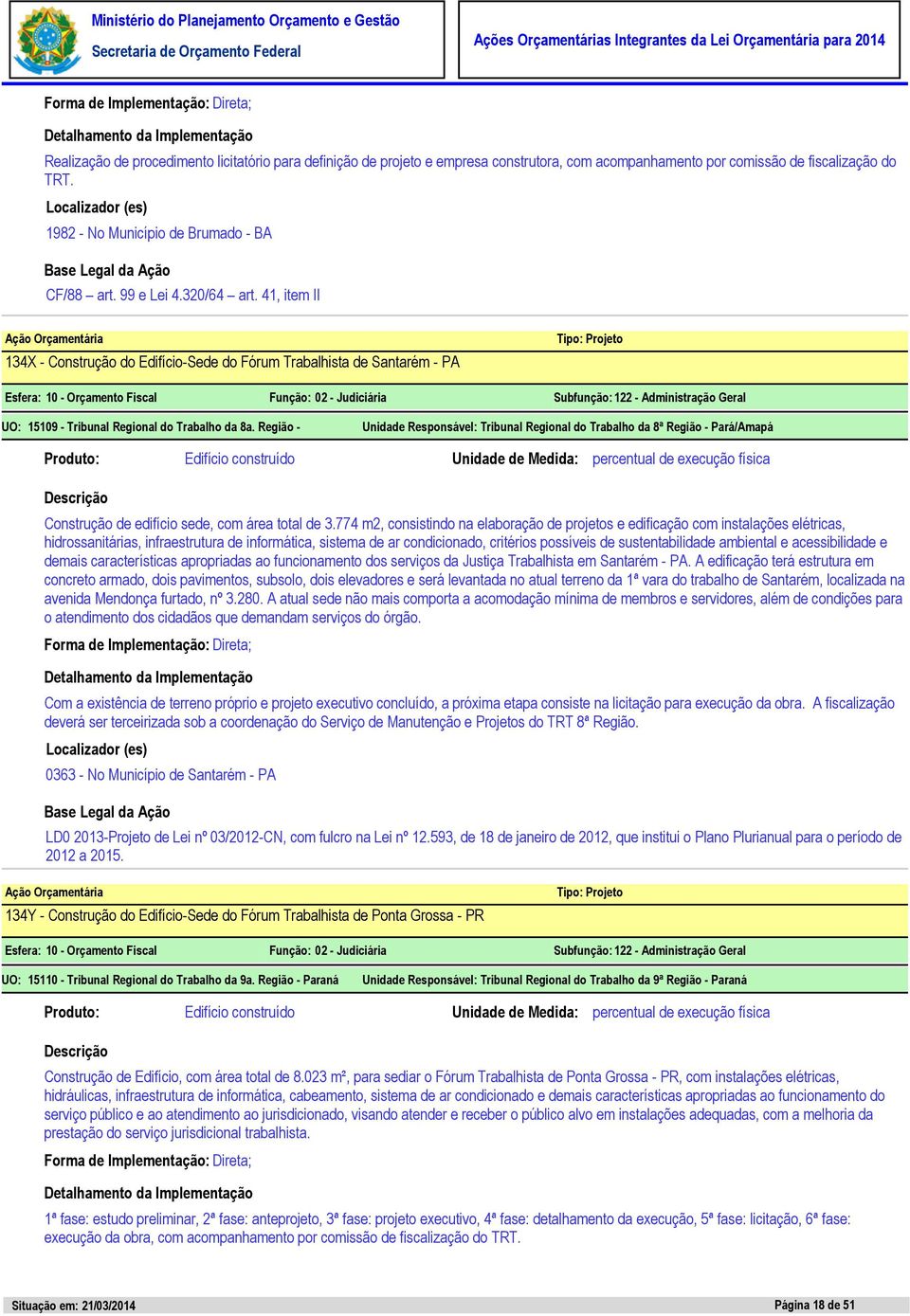 Região - Unidade Responsável: Tribunal Regional do Trabalho da 8ª Região - Pará/Amapá Construção de edifício sede, com área total de 3.