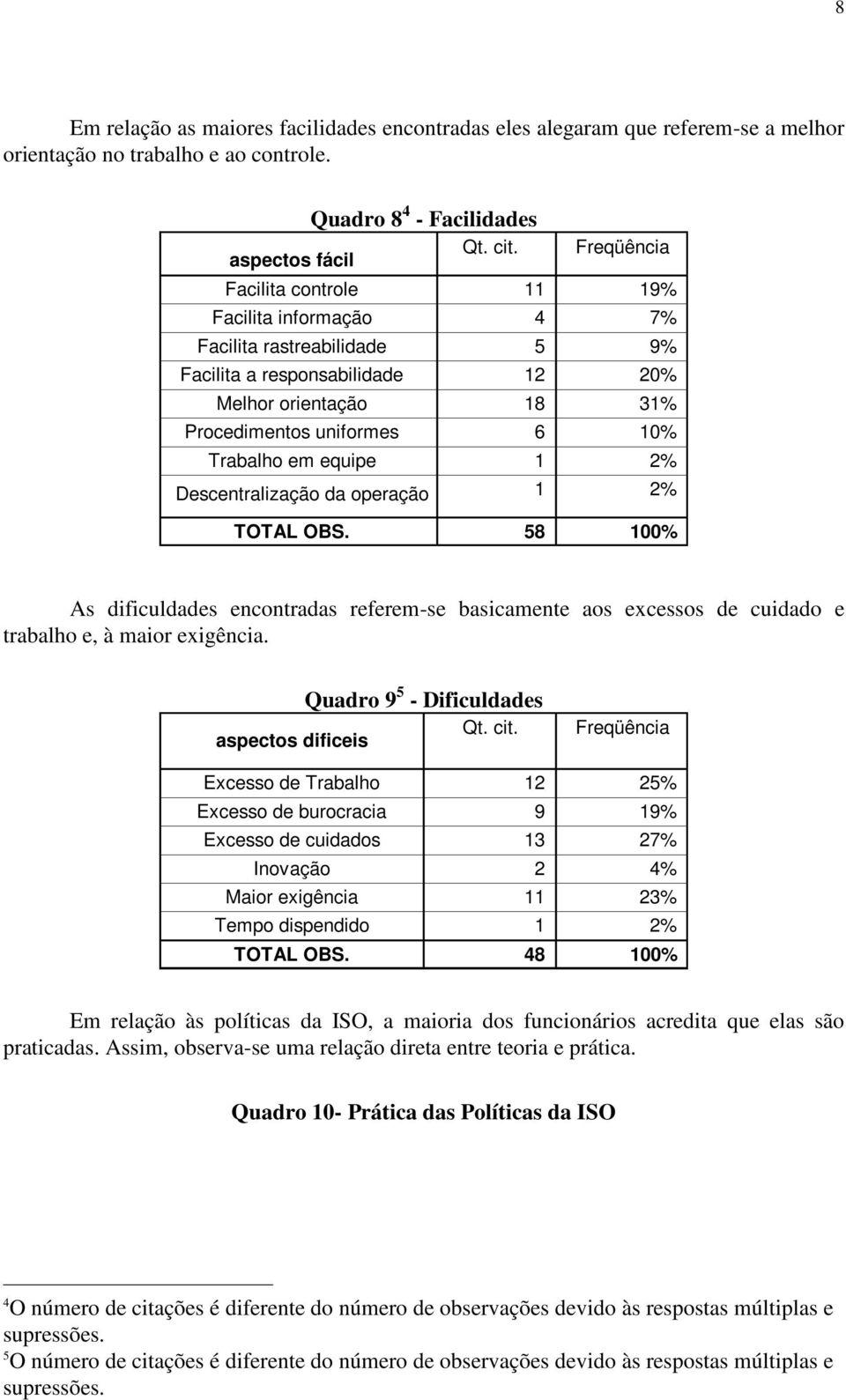 Descentralização da operação 11 4 5 12 18 6 1 1 19% 7% 9% 20% 31% 10% 2% 2% 58 100% As dificuldades encontradas referem-se basicamente aos excessos de cuidado e trabalho e, à maior exigência.