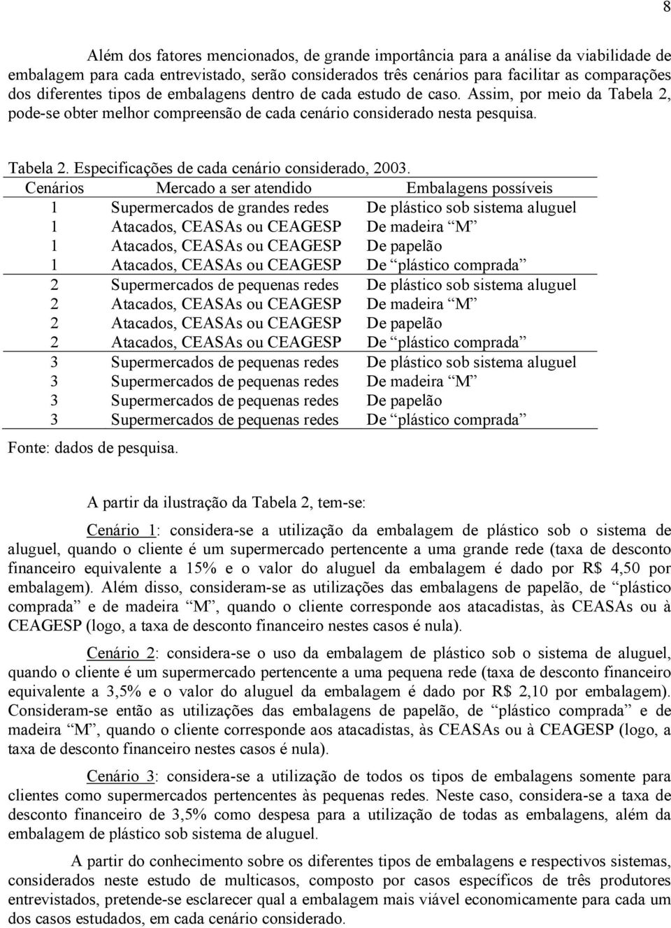 Cenários Mercado a ser atendido Embalagens possíveis 1 Supermercados de grandes redes De plástico sob sistema aluguel 1 Atacados, CEASAs ou CEAGESP De madeira M 1 Atacados, CEASAs ou CEAGESP De