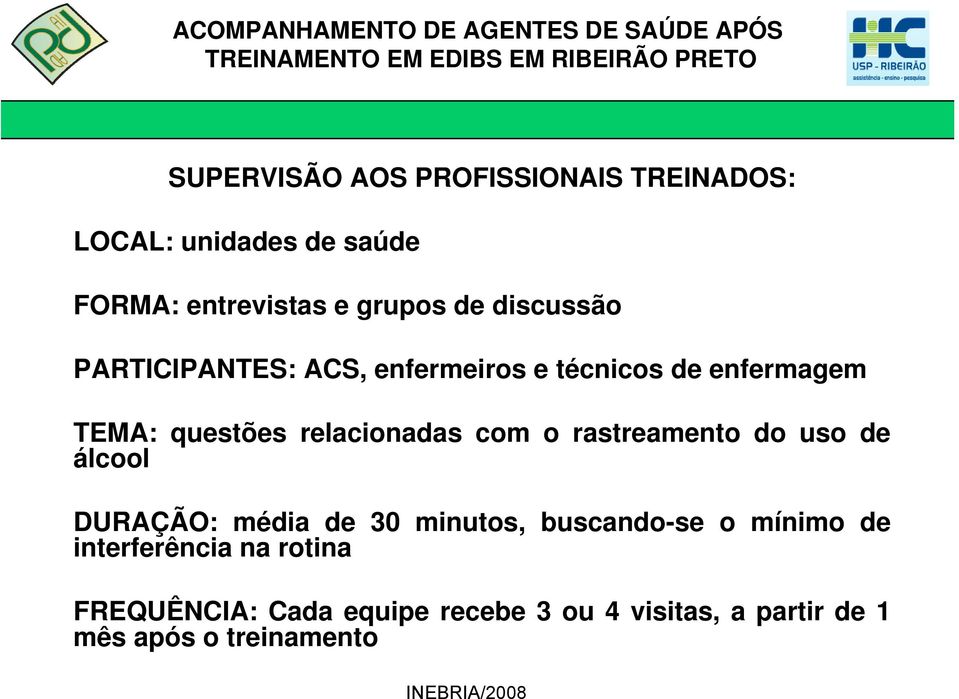 com o rastreamento do uso de álcool DURAÇÃO: média de 30 minutos, buscando-se o mínimo de