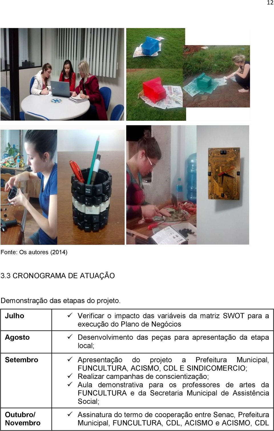 local; Setembro Apresentação do projeto a Prefeitura Municipal, FUNCULTURA, ACISMO, CDL E SINDICOMERCIO; Realizar campanhas de conscientização; Aula