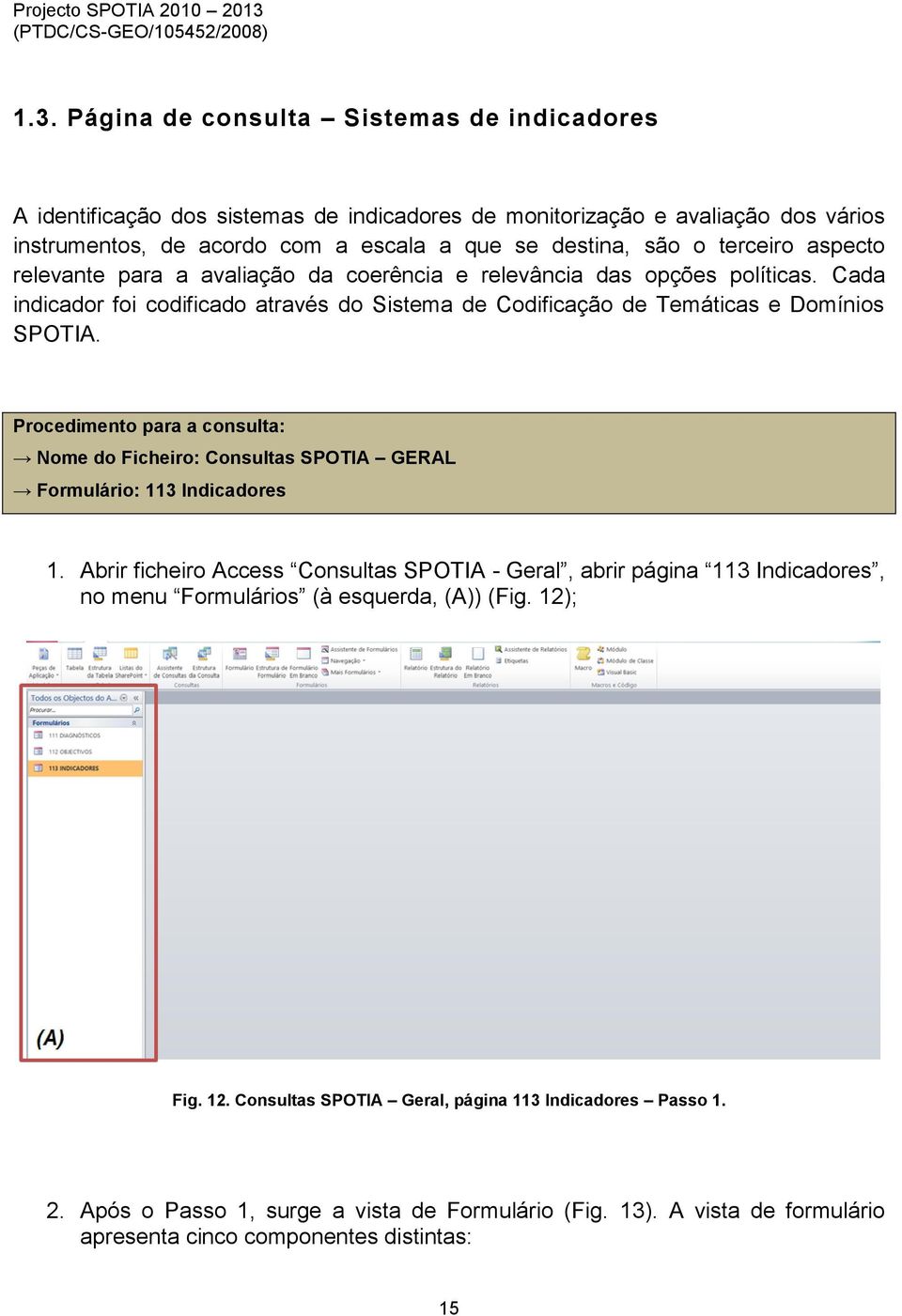 Procedimento para a consulta: Nome do Ficheiro: Consultas SPOTIA GERAL Formulário: 113 Indicadores 1.