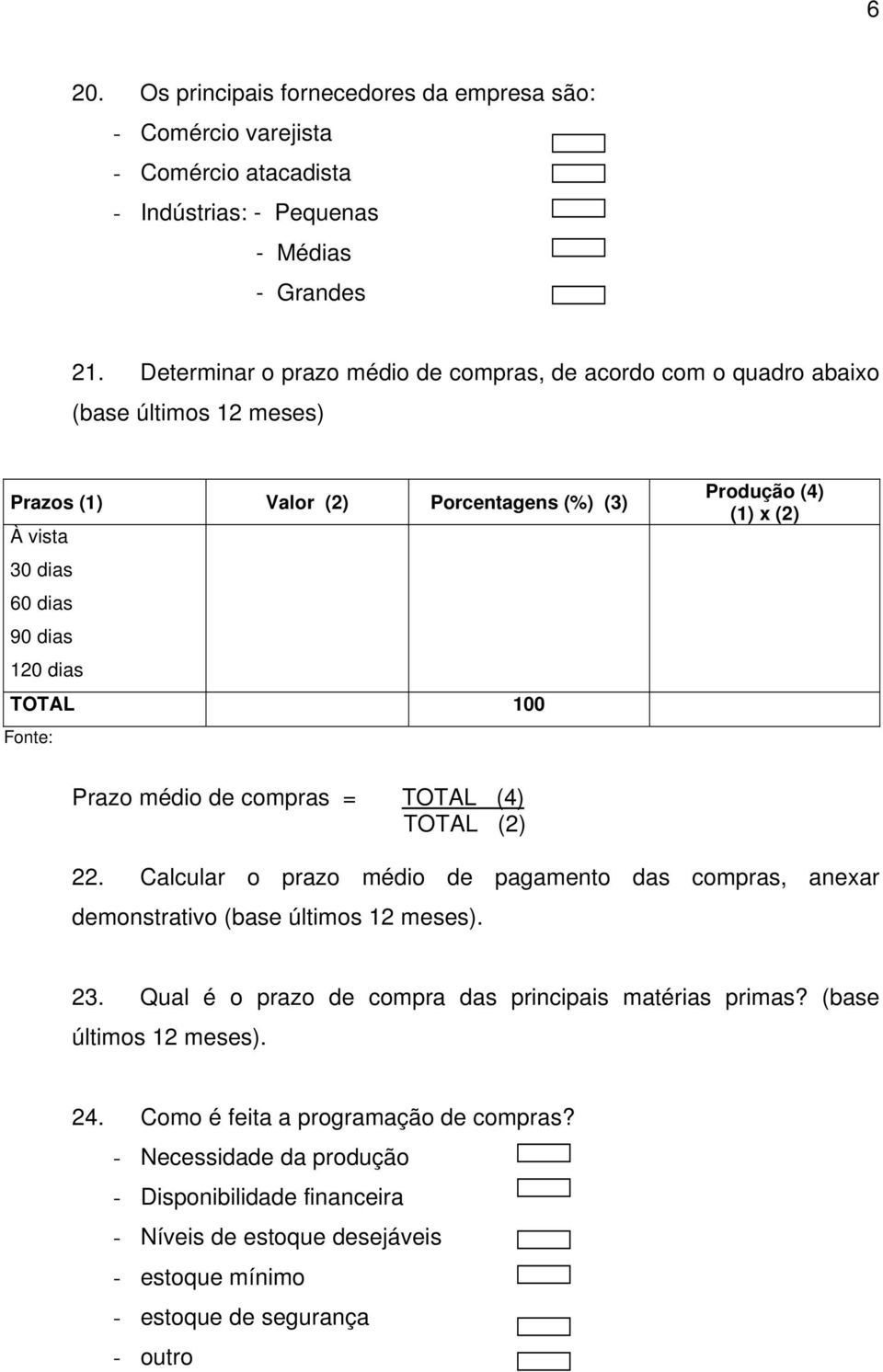 Fonte: Produção (4) (1) x (2) Prazo médio de compras = TOTAL (4) TOTAL (2) 22. Calcular o prazo médio de pagamento das compras, anexar demonstrativo (base últimos 12 meses). 23.