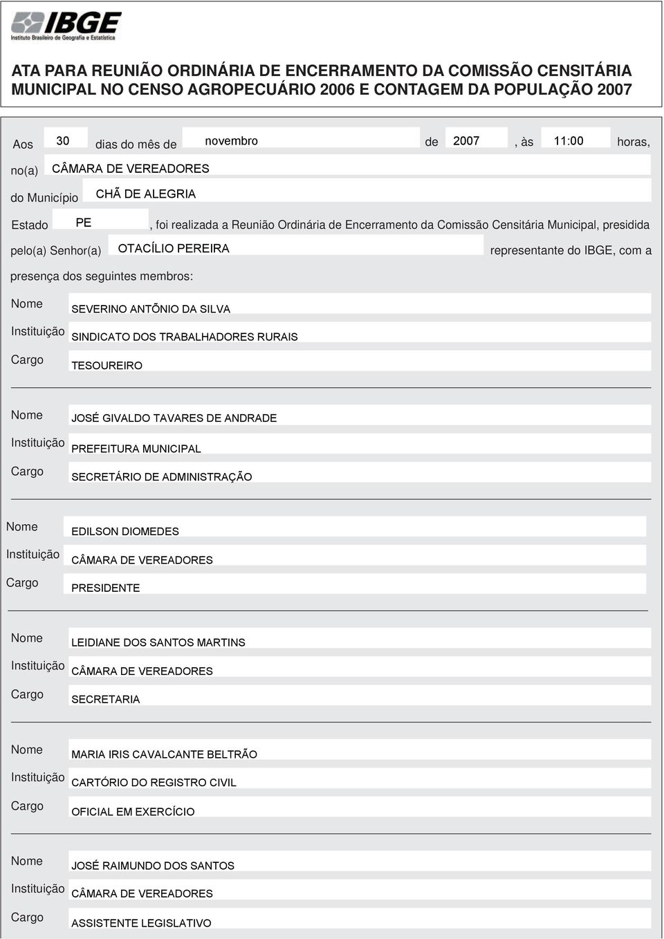 representante do IBGE, com a presença dos seguintes membros: EVERINO ANTÕNIO DA ILVA INDICATO DO TRABALHADORE RURAI TEOUREIRO JOÉ GIVALDO TAVARE DE ANDRADE PREFEITURA MUNICIPAL