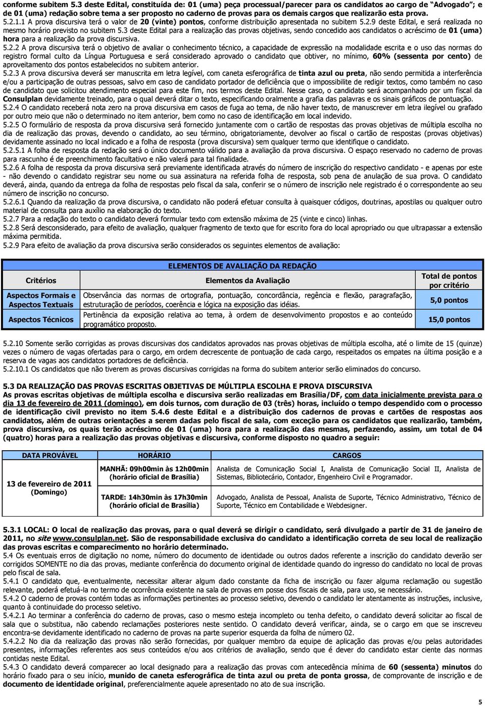 que realizarão esta prova. 5.2.1.1 A prova discursiva terá o valor de 20 (vinte) pontos, conforme distribuição apresentada no subitem 5.2.9 deste Edital, e será realizada no mesmo horário previsto no subitem 5.