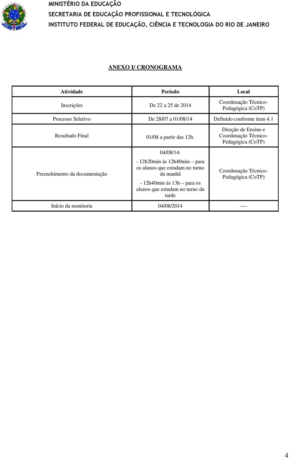 Direção de Ensino e Coordenação Técnico- Pedagógica (CoTP) Preenchimento da documentação 04/08/14: - 12h20min às 12h40min para os