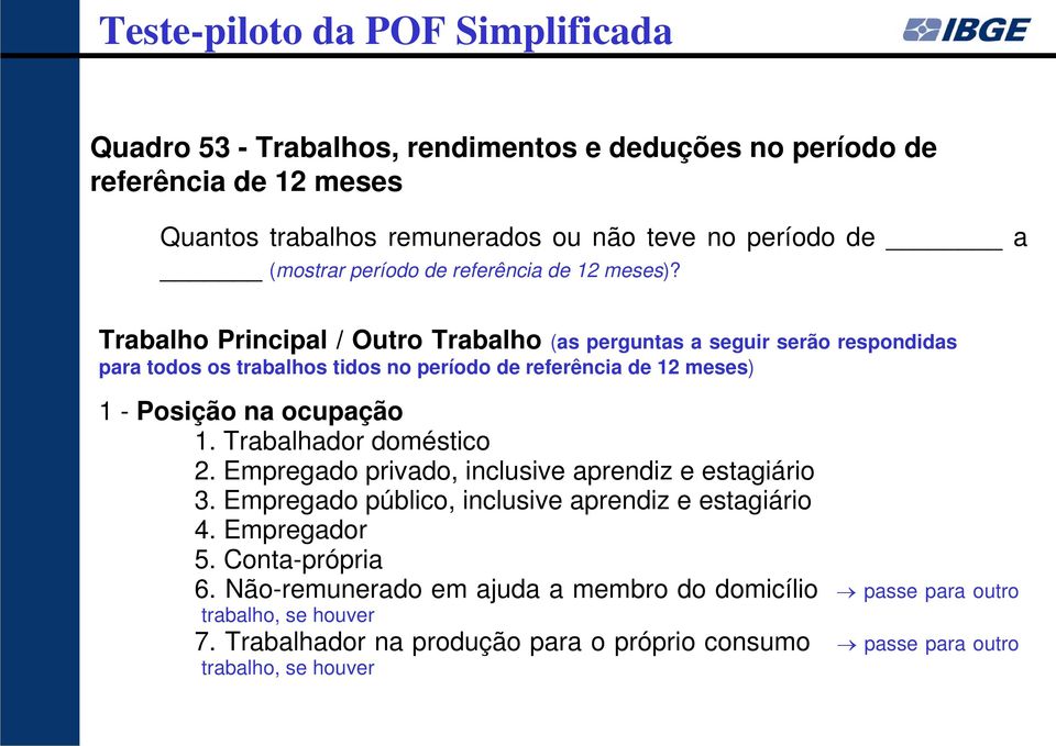 Trabalho Principal / Outro Trabalho (as perguntas a seguir serão respondidas para todos os trabalhos tidos no período de referência de 12 meses) 1 - Posição na ocupação 1.