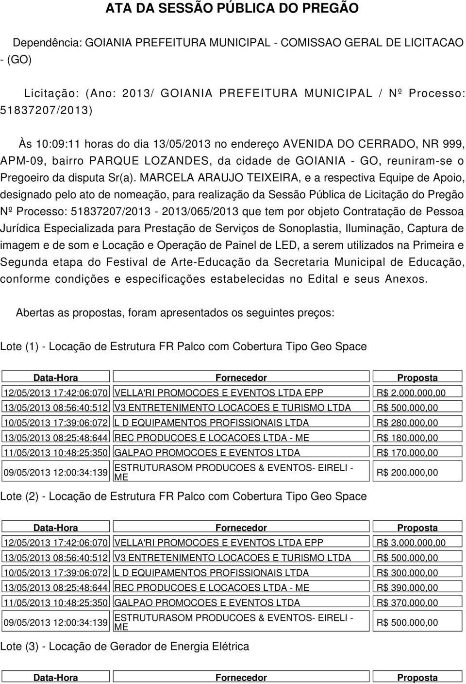 MARCELA ARAUJO TEIXEIRA, e a respectiva Equipe de Apoio, designado pelo ato de nomeação, para realização da Sessão Pública de Licitação do Pregão Nº Processo: 51837207/2013-2013/065/2013 que tem por