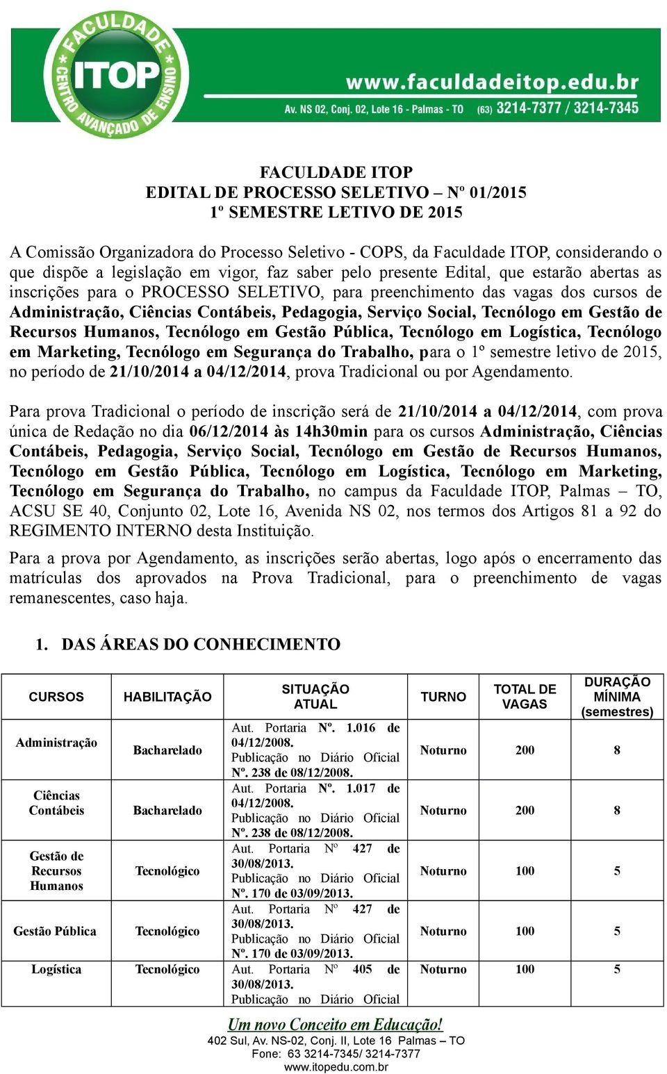 Social, Tecnólogo em Gestão de Recursos Humanos, Tecnólogo em Gestão Pública, Tecnólogo em Logística, Tecnólogo em Marketing, Tecnólogo em Segurança do Trabalho, para o 1º semestre letivo de 2015, no