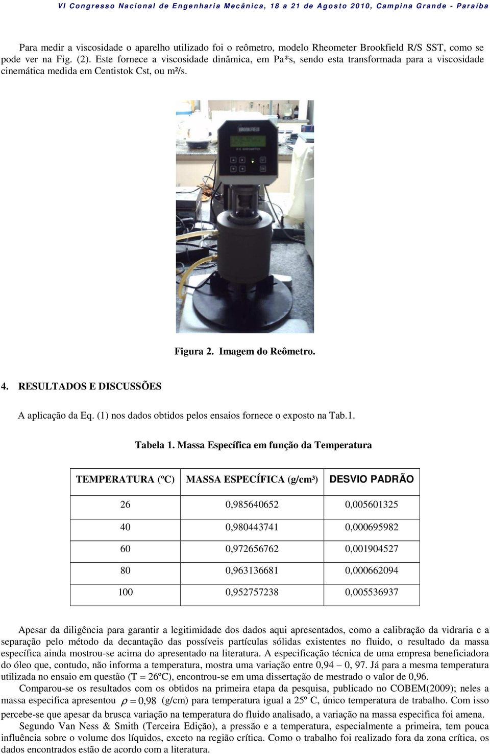 RESULTADOS E DISCUSSÕES A aplicação da Eq. (1) nos dados obtidos pelos ensaios fornece o exposto na Tab.1. Tabela 1.