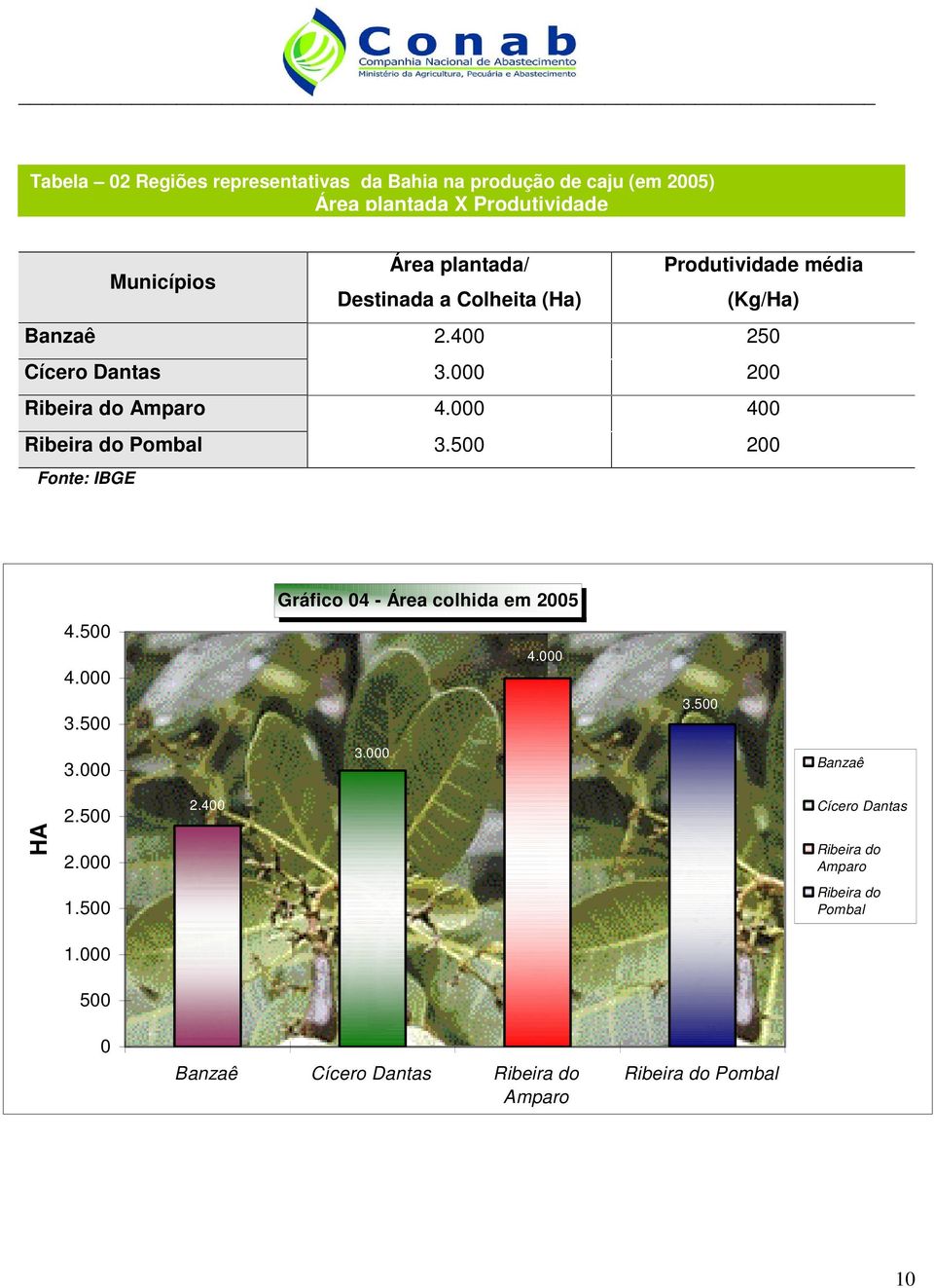 000 400 Ribeira do Pombal 3.500 200 Fonte: IBGE 4.500 4.000 3.500 3.000 Gráfico 04 - Área colhida em 2005 3.000 4.000 3.500 Banzaê HA 2.