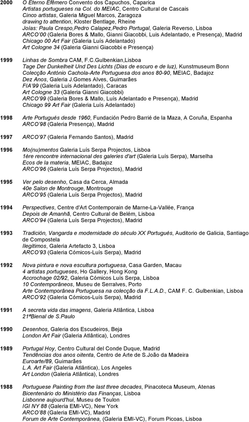 Lisboa ARCO 00 (Galeria Bores & Mallo, Gianni Giacobbi, Luis Adelantado, e Presença), Madrid Chicago 00 Art Fair (Galeria Luís Adelantado) Art Cologne 34 (Galeria Gianni Giacobbi e Presença) 1999