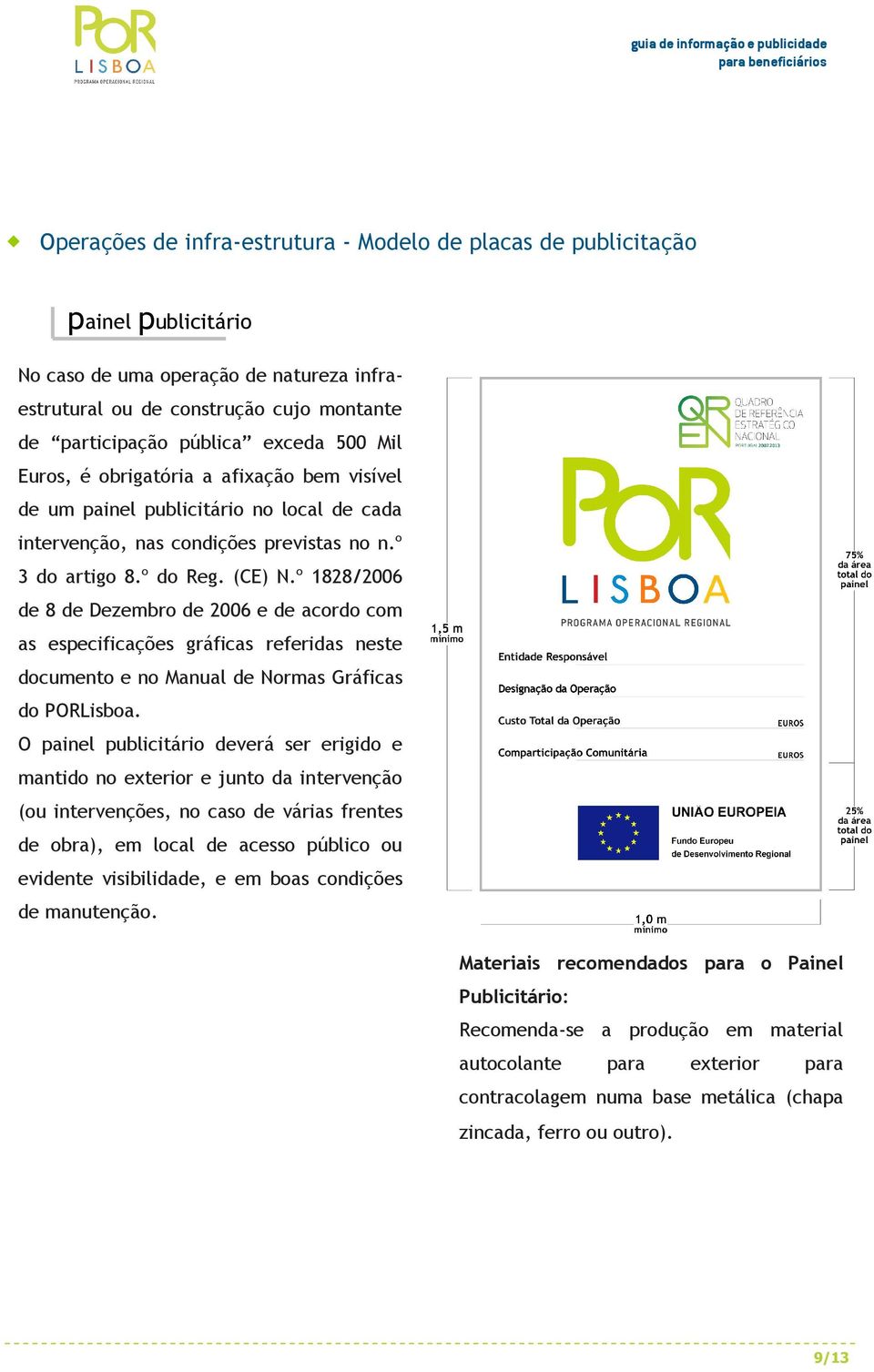 º 1828/2006 de 8 de Dezembro de 2006 e de acordo com as especificações gráficas referidas neste documento e no Manual de Normas Gráficas do PORLisboa.