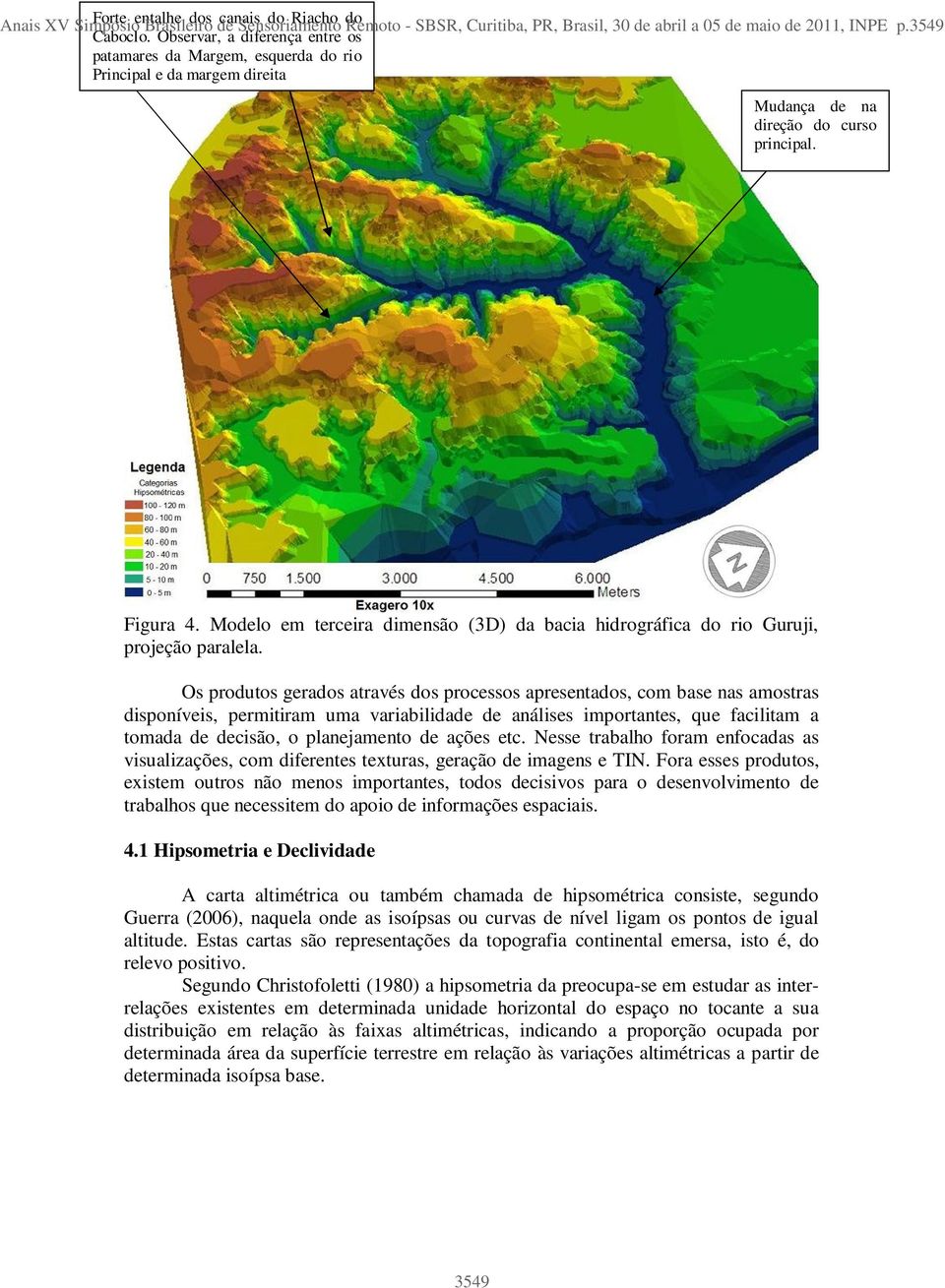 Modelo em terceira dimensão (3D) da bacia hidrográfica do rio Guruji, projeção paralela.