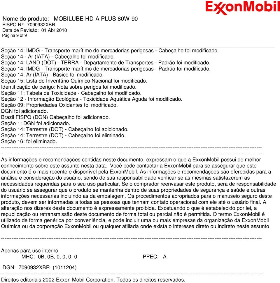 Seção 14: Ar (IATA) - Básico foi modificado. Seção 15: Lista de Inventário Químico Nacional foi modificado. Identificação de perigo: Nota sobre perigos foi modificado.