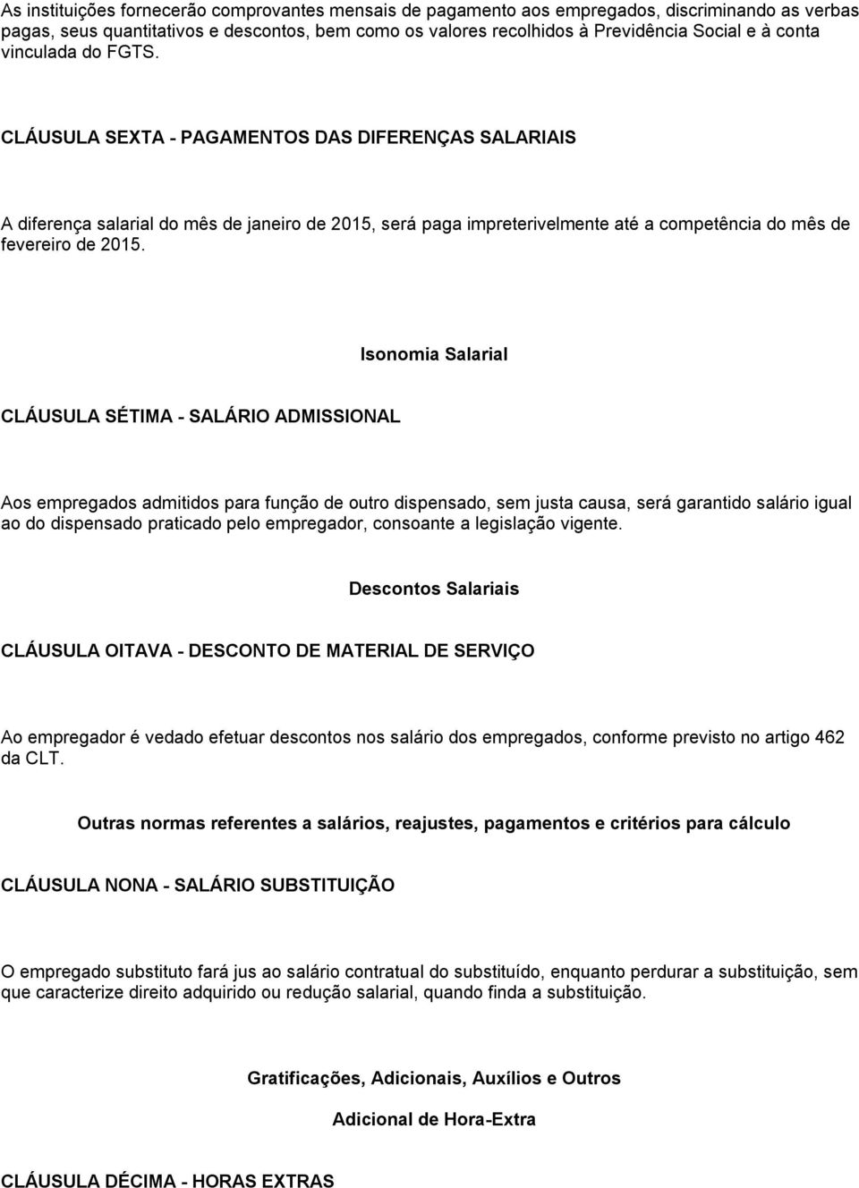 Isonomia Salarial CLÁUSULA SÉTIMA - SALÁRIO ADMISSIONAL Aos empregados admitidos para função de outro dispensado, sem justa causa, será garantido salário igual ao do dispensado praticado pelo