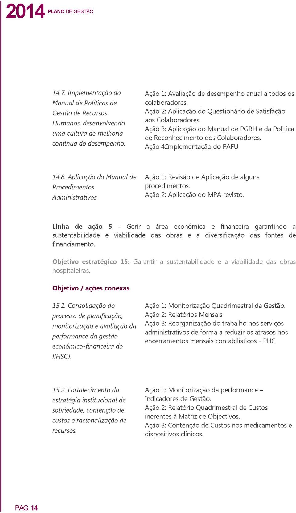 Aplicação do Manual de Procedimentos Administrativos. Ação 1: Revisão de Aplicação de alguns procedimentos. Ação 2: Aplicação do MPA revisto.