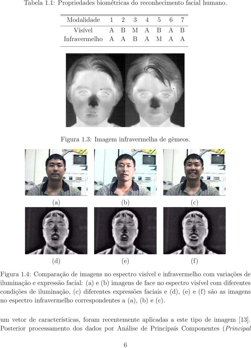 4: Comparação de imagens no espectro visível e infravermelho com variações de iluminação e expressão facial: (a) e (b) imagens de face no espectro visível com diferentes