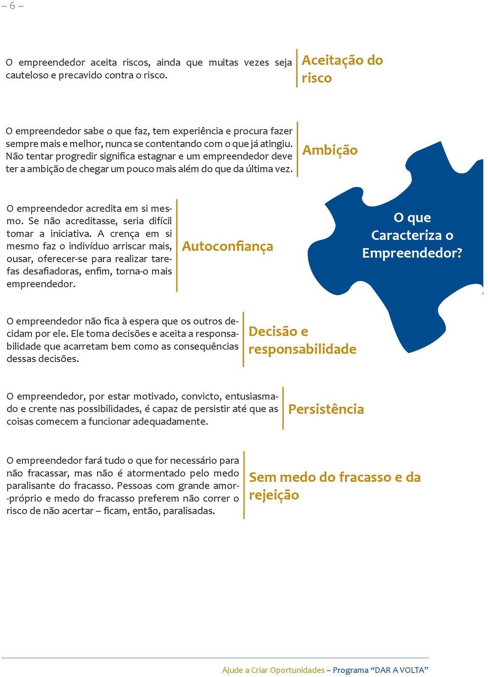 Não tentar progredir significa estagnar e um empreendedor deve ter a ambição de chegar um pouco mais além do que da última vez. Ambição O empreendedor acredita em si mesmo.