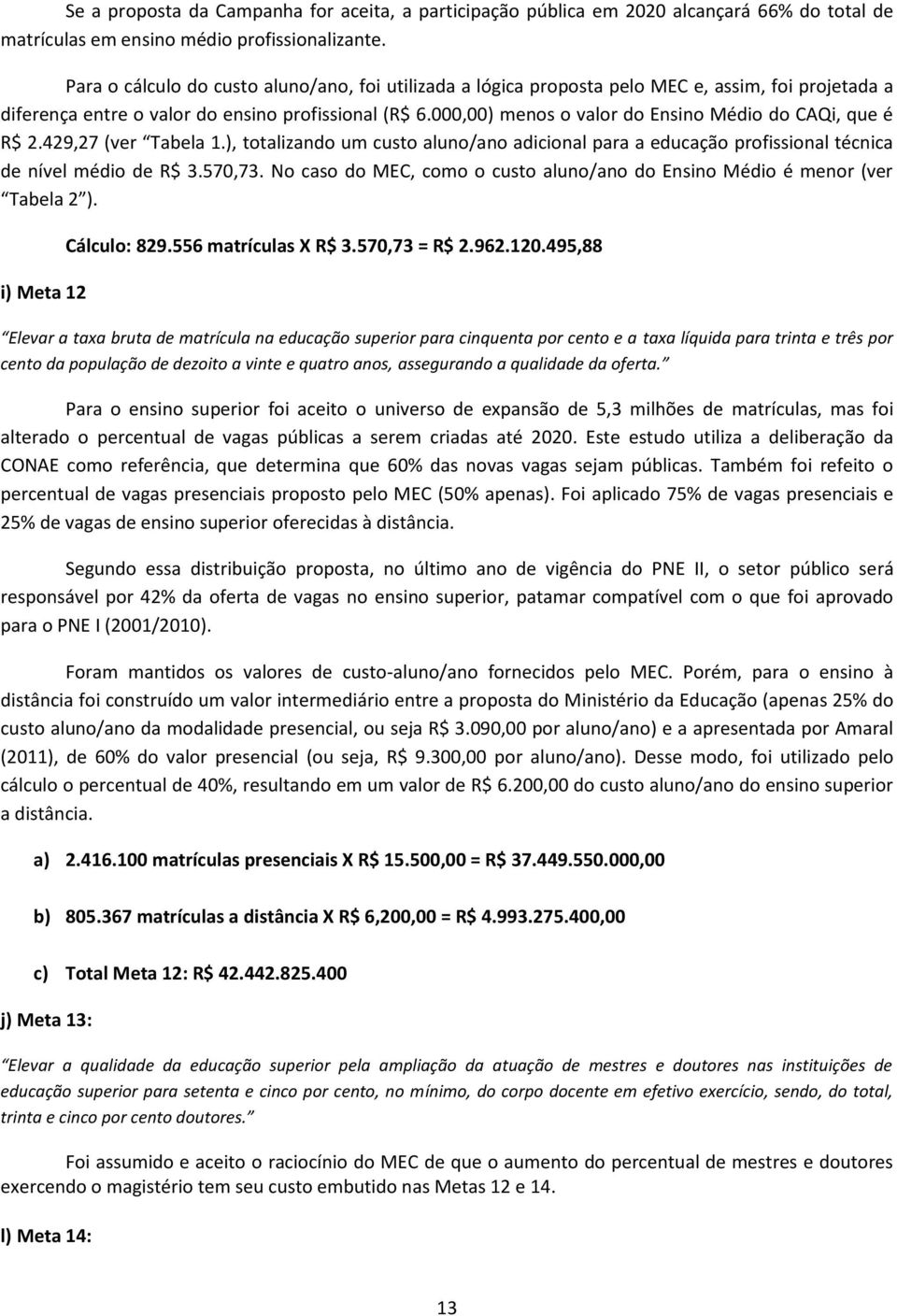 000,00) menos o valor do Ensino Médio do CAQi, que é R$ 2.429,27 (ver Tabela 1.), totalizando um custo aluno/ano adicional para a educação profissional técnica de nível médio de R$ 3.570,73.