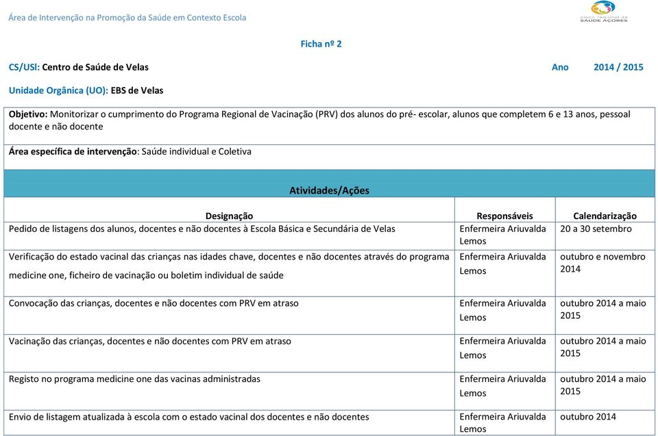 estado vacinal das crianças nas idades chave, docentes e não docentes através do programa medicine one, ficheiro de vacinação ou boletim individual de saúde Enfermeira Ariuvalda Lemos outubro e