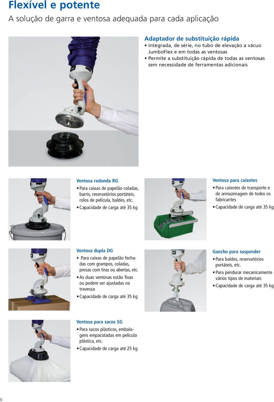 Capacidade de carga até 35 kg Ventosa para caixotes Para caixotes de transporte e de armazenagem de todos os fabricantes Capacidade de carga até 35 kg Ventosa dupla DG Para caixas de papelão fechadas