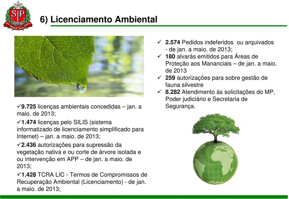 436 autorizações para supressão da vegetação nativa e ou corte de árvore isolada e ou intervenção em APP de jan. a maio. de 2013; 1.