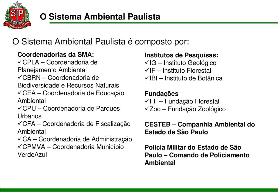 Coordenadoria de Administração CPMVA Coordenadoria Município VerdeAzul Institutos de Pesquisas: IG Instituto Geológico IF Instituto Florestal IBt Instituto de