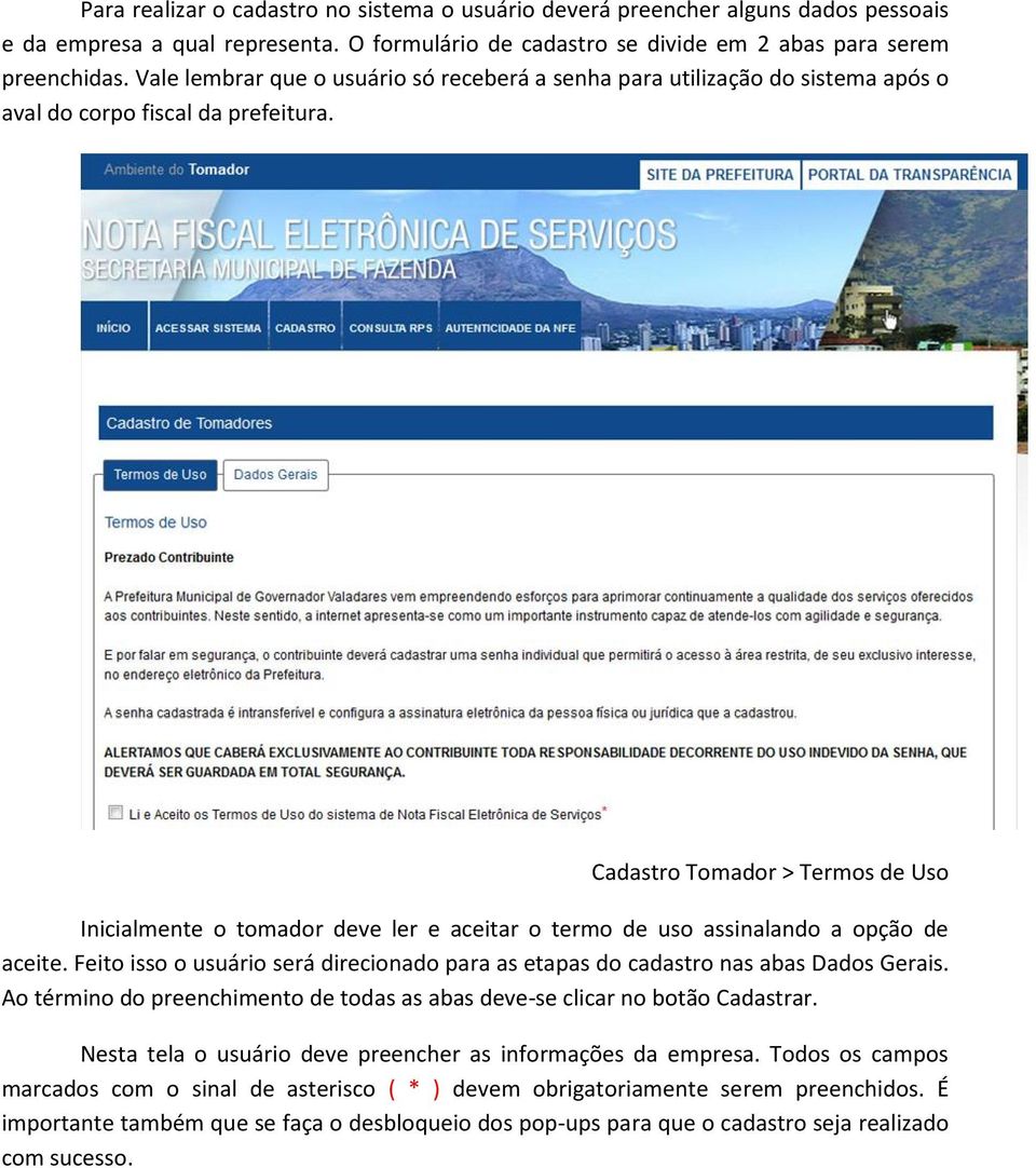 Cadastro Tomador > Termos de Uso Inicialmente o tomador deve ler e aceitar o termo de uso assinalando a opção de aceite.