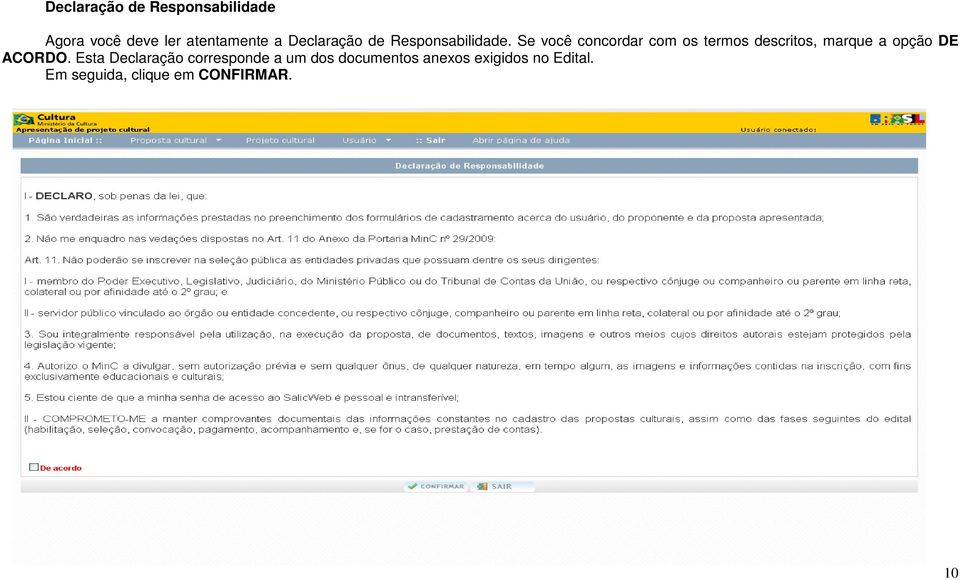 Se você concordar com os termos descritos, marque a opção DE ACORDO.