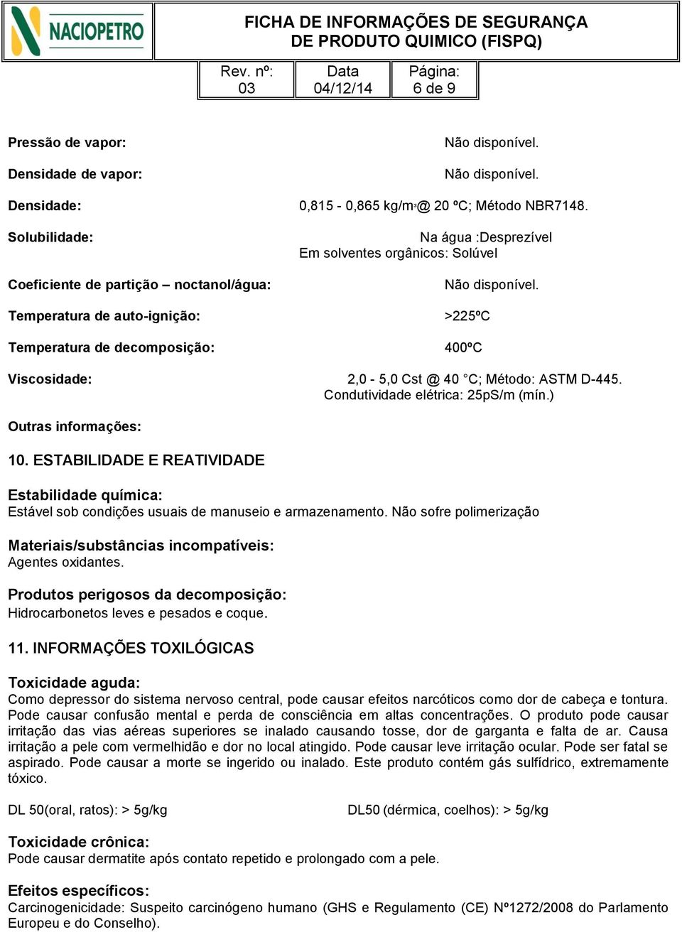 ) Outras informações: 10. ESTABILIDADE E REATIVIDADE Estabilidade química: Estável sob condições usuais de manuseio e armazenamento.