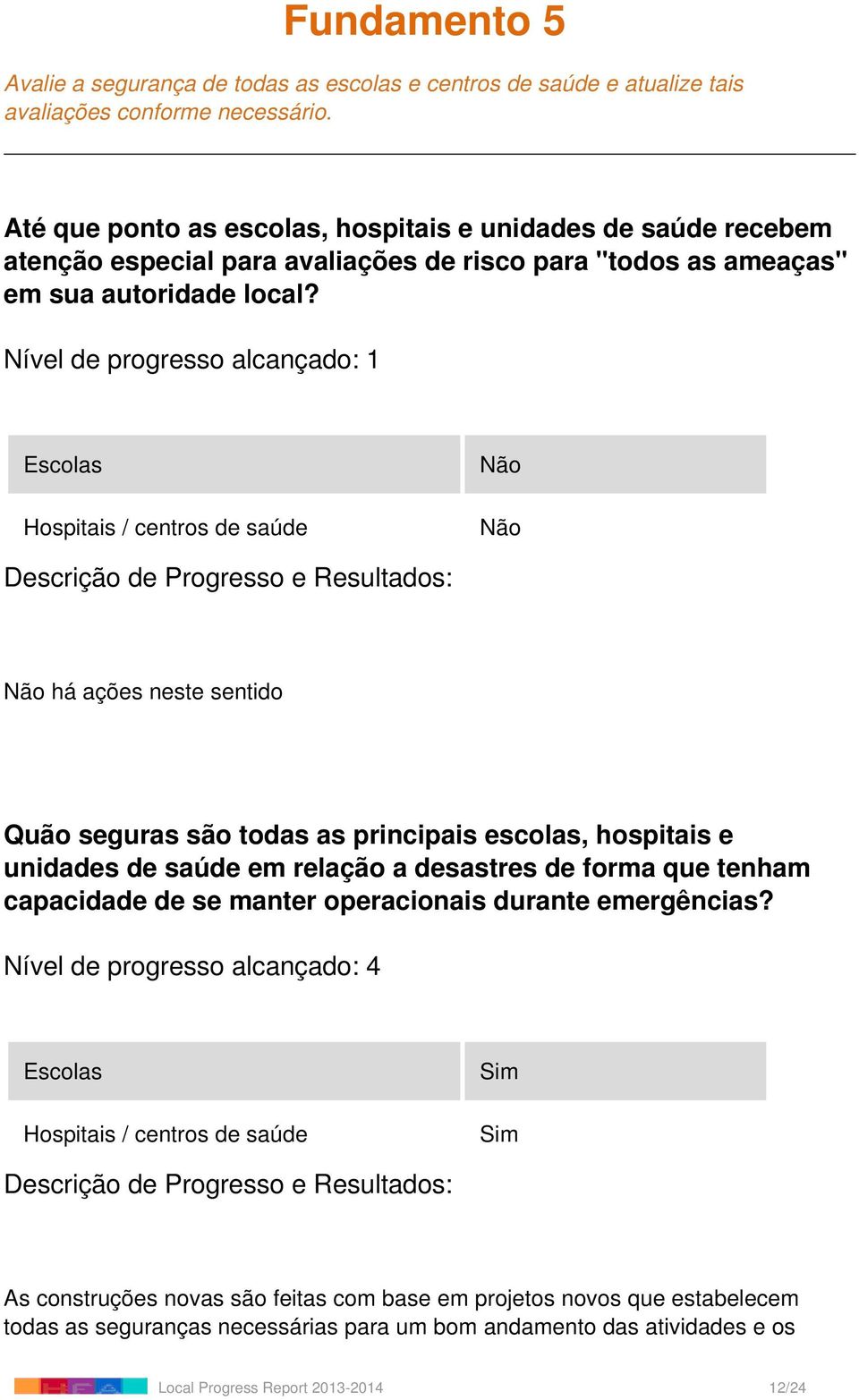 Nível de progresso alcançado: 1 Escolas Hospitais / centros de saúde há ações neste sentido Quão seguras são todas as principais escolas, hospitais e unidades de saúde em relação a desastres de