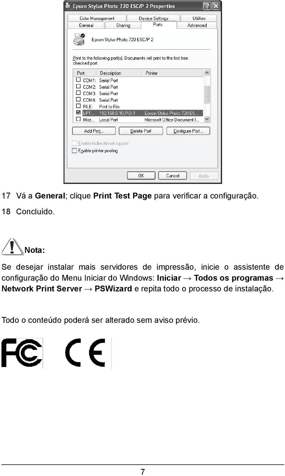 configurao do Menu Iniciar do Windows: Iniciar Todos os programas Network Print Server