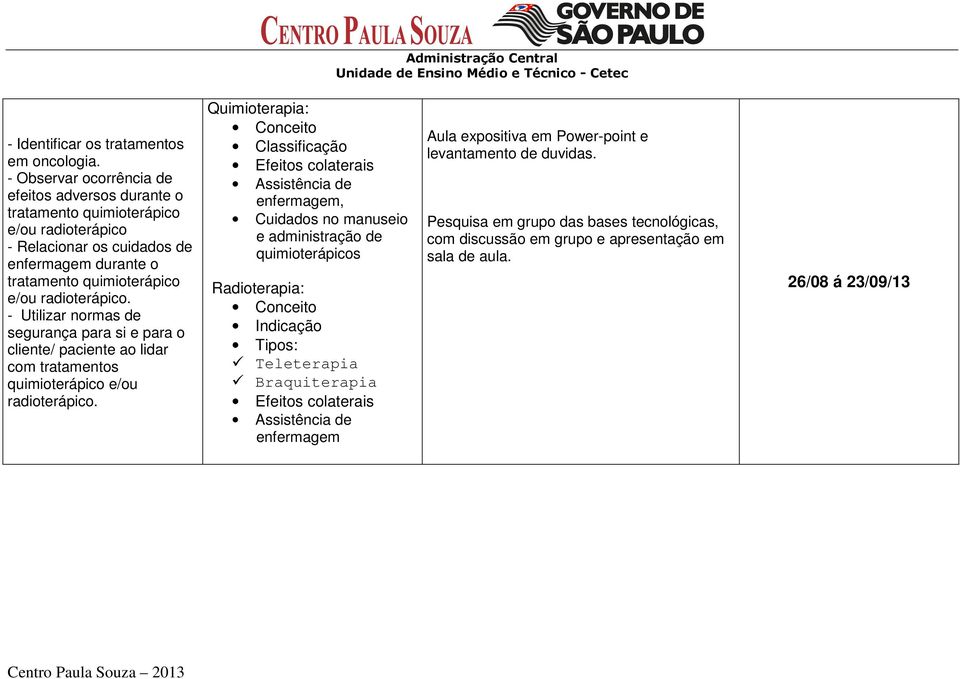 - Utilizar normas de segurança para si e para o cliente/ paciente ao lidar com tratamentos quimioterápico e/ou radioterápico.