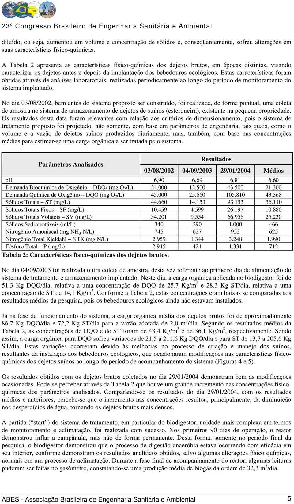 Estas características foram obtidas através de análises laboratoriais, realizadas periodicamente ao longo do período de monitoramento do sistema implantado.