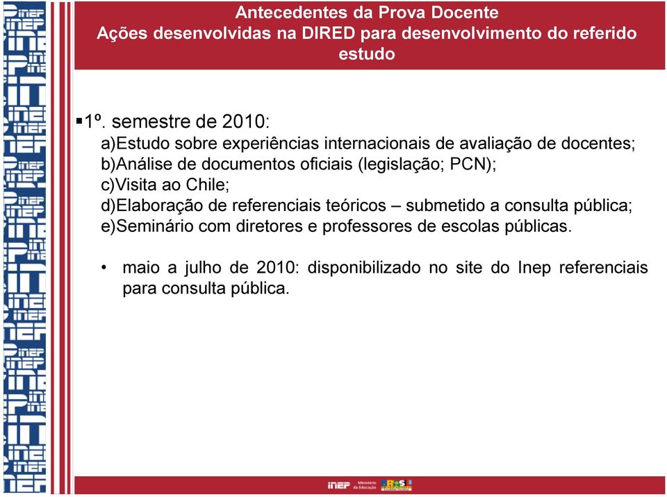 (legislação; PCN); c)visita ao Chile; d)elaboração de referenciais teóricos submetido a consulta pública; e)seminário