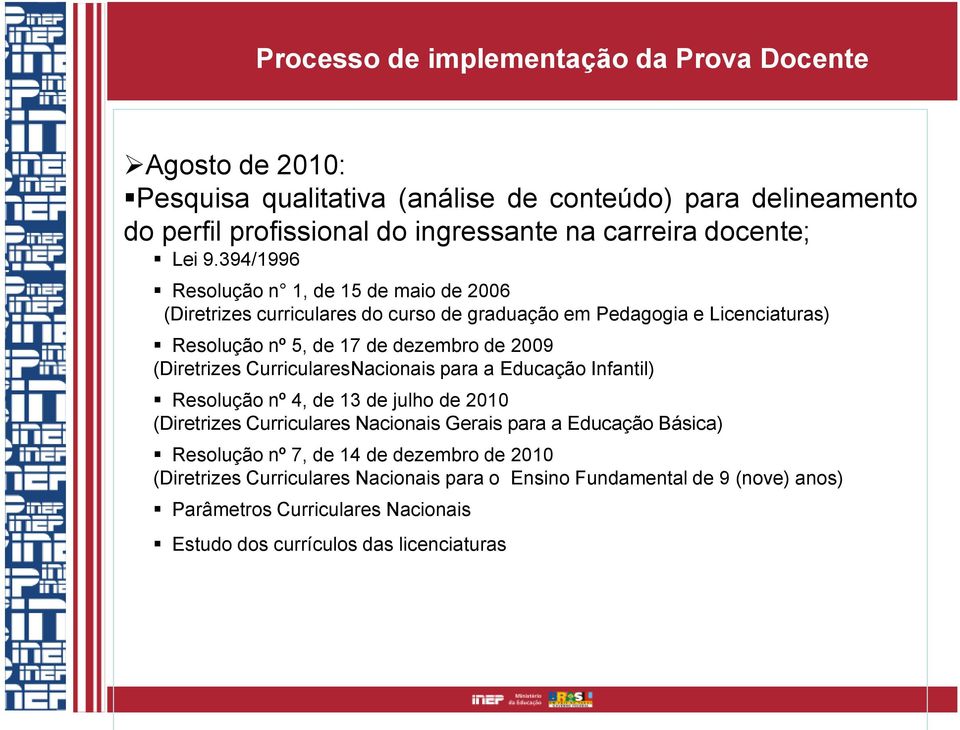 394/1996 Resolução n 1, de 15 de maio de 2006 (Diretrizes curriculares do curso de graduação em Pedagogia e Licenciaturas) Resolução nº 5, de 17 de dezembro de 2009 (Diretrizes