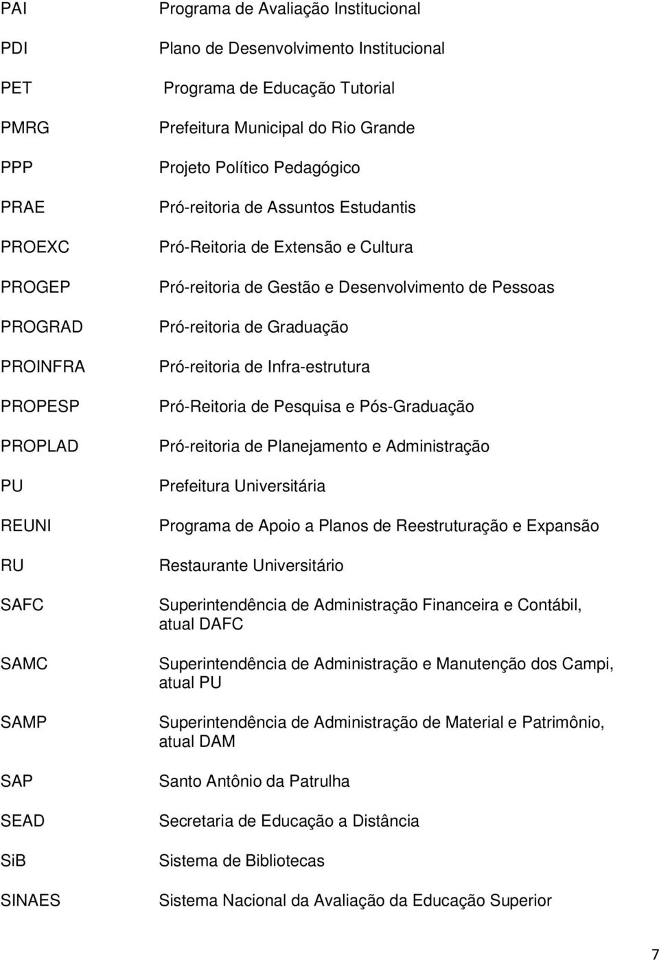 Desenvolvimento de Pessoas Pró-reitoria de Graduação Pró-reitoria de Infra-estrutura Pró-Reitoria de Pesquisa e Pós-Graduação Pró-reitoria de Planejamento e Administração Prefeitura Universitária