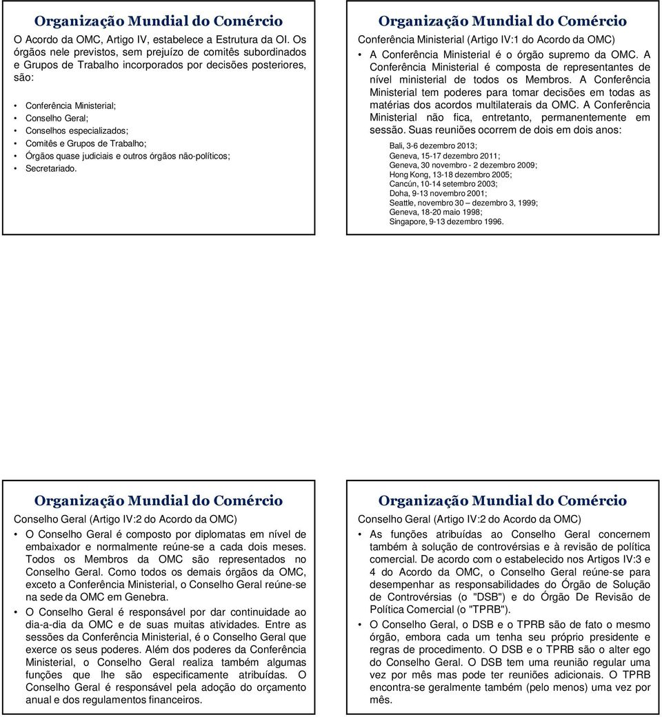 Comitês e Grupos de Trabalho; Órgãos quase judiciais e outros órgãos não-políticos; Secretariado.