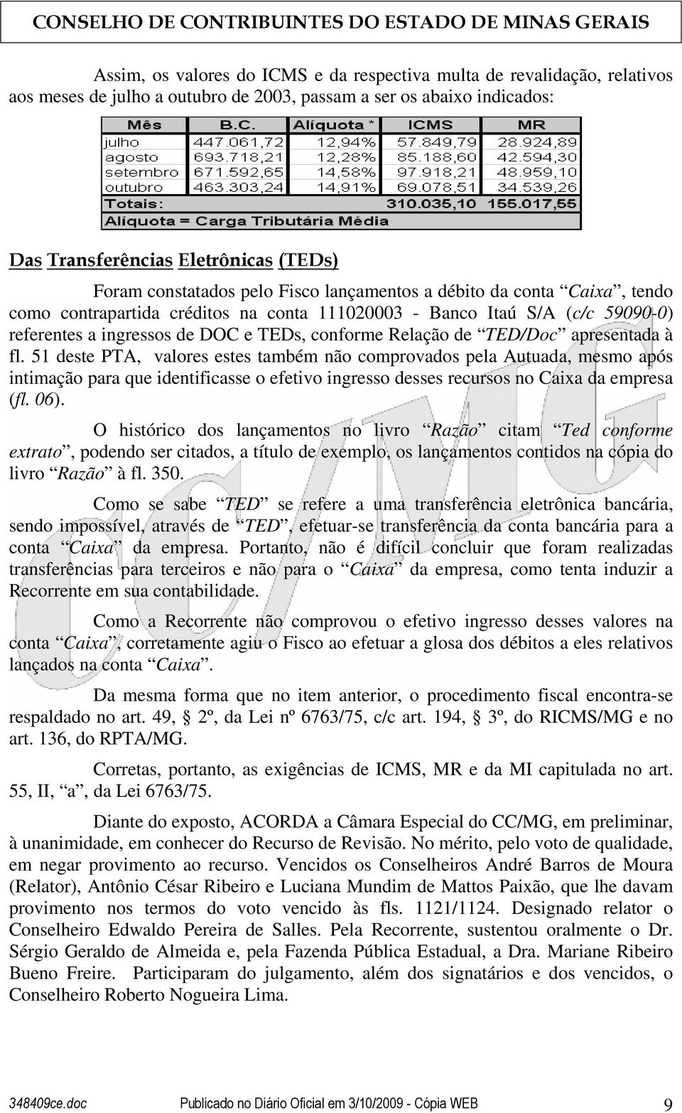 de TED/Doc apresentada à fl. 51 deste PTA, valores estes também não comprovados pela Autuada, mesmo após intimação para que identificasse o efetivo ingresso desses recursos no Caixa da empresa (fl.