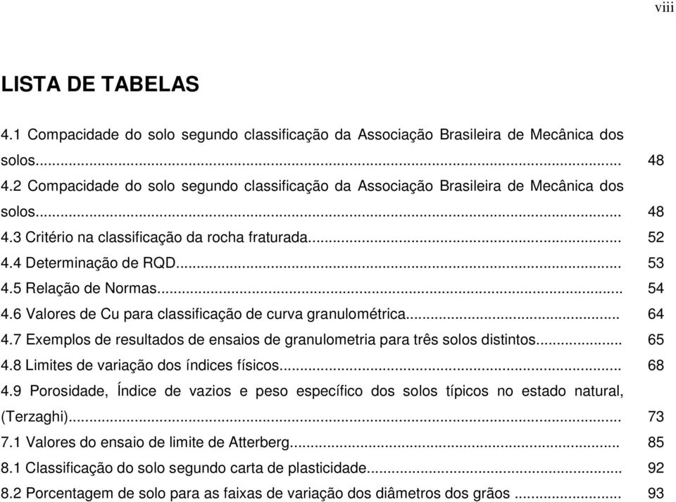 5 Relação de Normas... 54 4.6 Valores de Cu para classificação de curva granulométrica... 64 4.7 Exemplos de resultados de ensaios de granulometria para três solos distintos... 65 4.