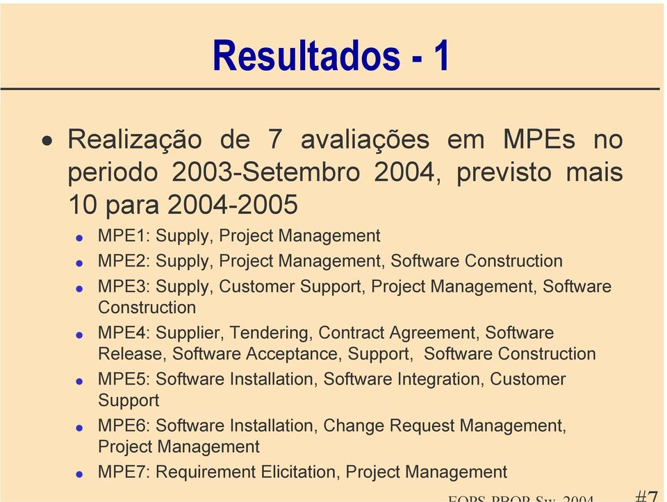 Tendering, Contract Agreement, Software Release, Software Acceptance, Support, Software Construction MPE5: Software Installation, Software