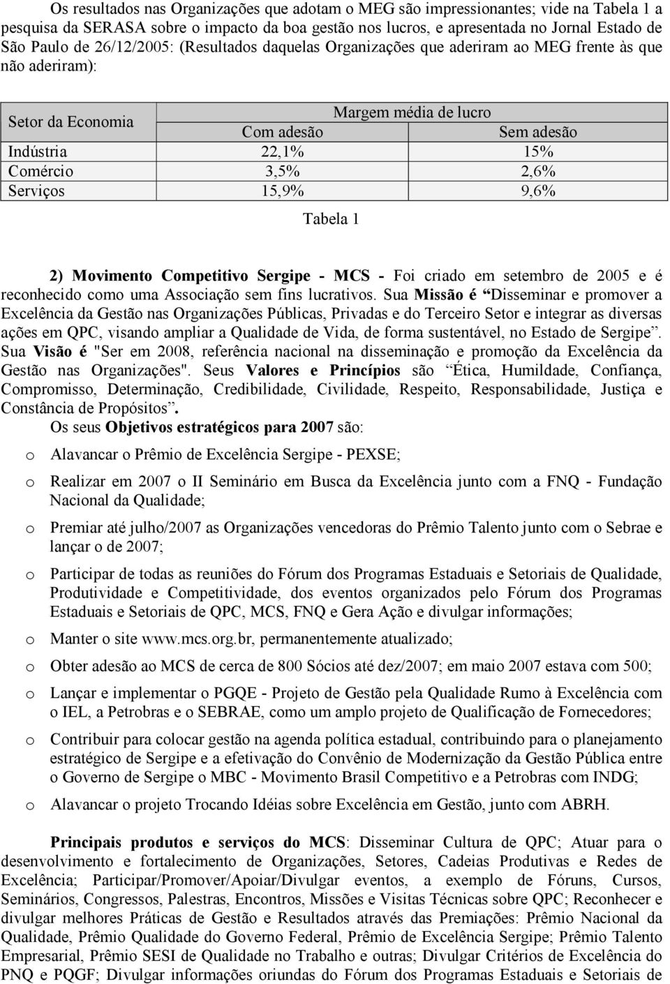 9,6% Tabela ) Movimento Competitivo Sergipe - MCS - Foi criado em setembro de 005 e é reconhecido como uma Associação sem fins lucrativos.