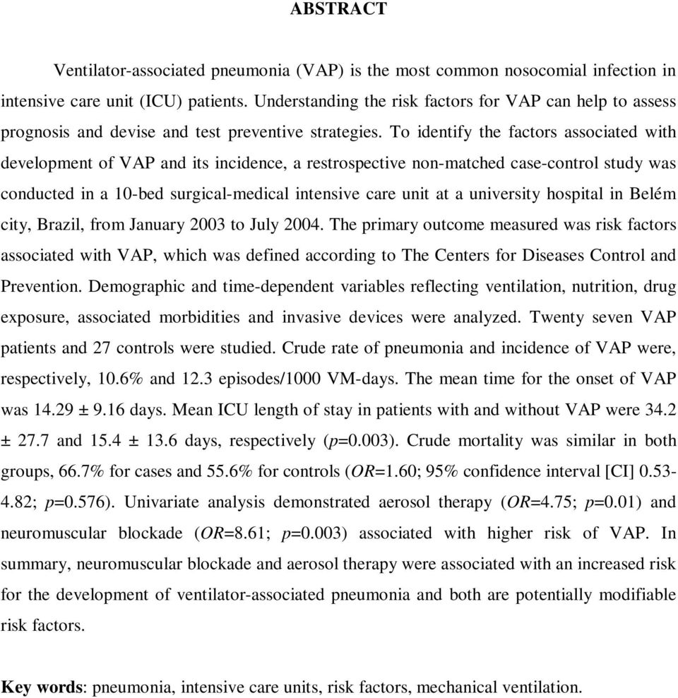 To identify the factors associated with development of VAP and its incidence, a restrospective non-matched case-control study was conducted in a 10-bed surgical-medical intensive care unit at a