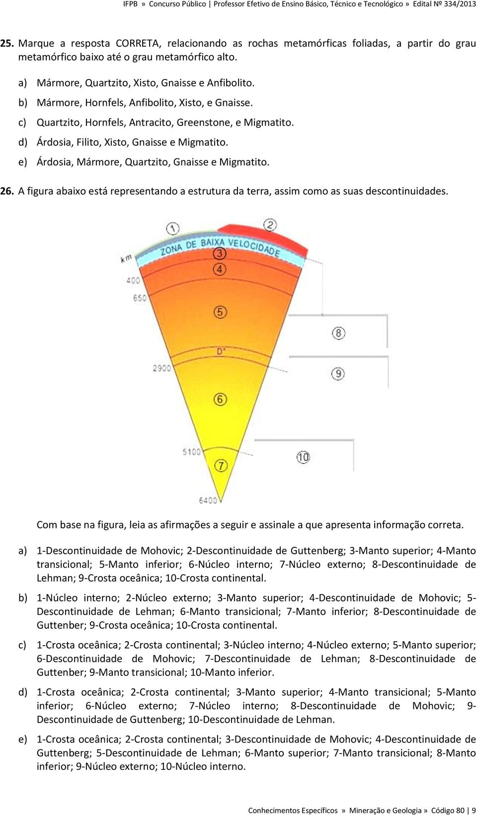 e) Árdosia, Mármore, Quartzito, Gnaisse e Migmatito. 26. A figura abaixo está representando a estrutura da terra, assim como as suas descontinuidades.