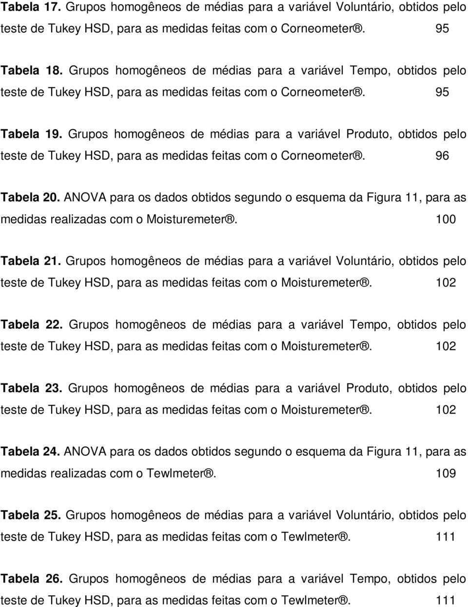 Grupos homogêneos de médias para a variável Produto, obtidos pelo teste de Tukey HSD, para as medidas feitas com o Corneometer. 96 Tabela 20.