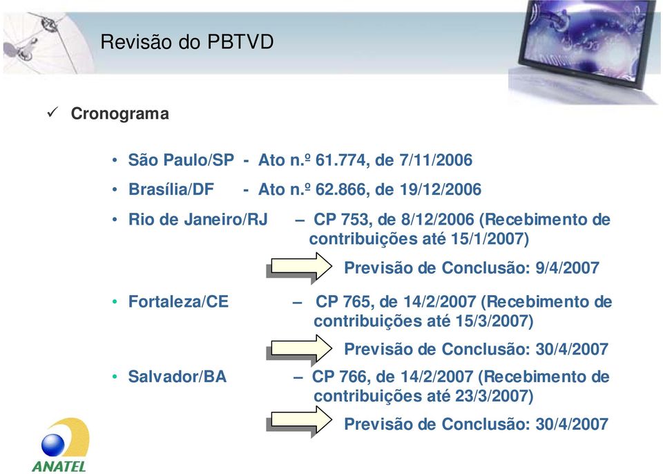 Fortaleza/CE Salvador/BA Previsão de Conclusão: 9/4/2007 CP 765, de 14/2/2007 (Recebimento de contribuições até