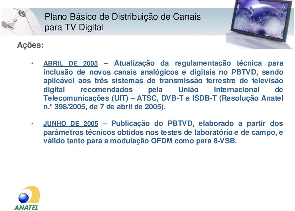 Internacional de Telecomunicações (UIT) ATSC, DVB-T e ISDB-T (Resolução Anatel n.º 398/2005, de 7 de abril de 2005).