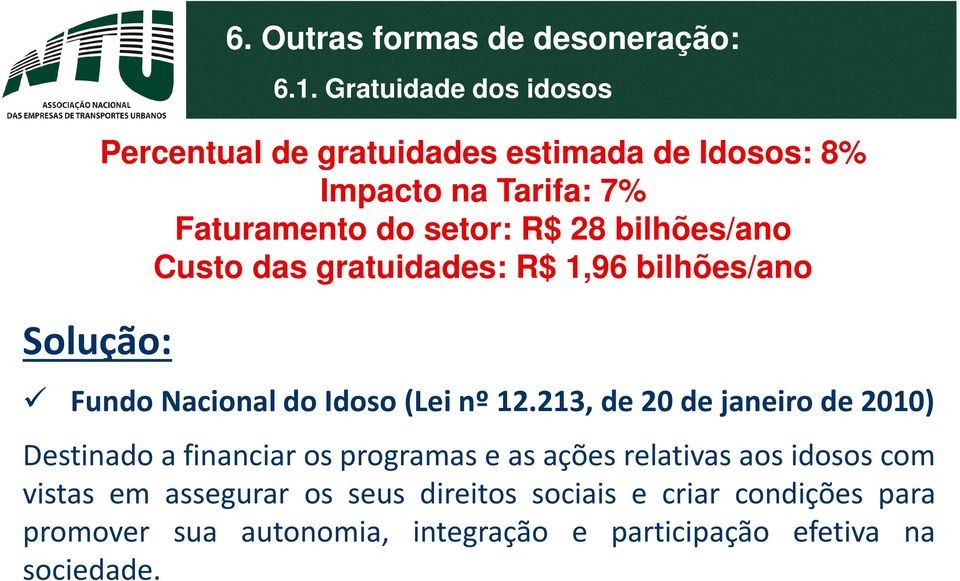 bilhões/ano Custo das gratuidades: R$ 1,96 bilhões/ano FundoNacionaldoIdoso(Leinº12.